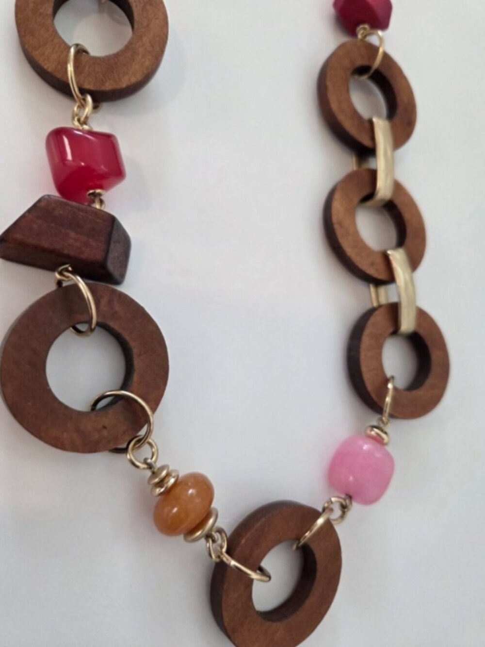 Chico's Wood Ring Statement Necklace Pink Coral Beads